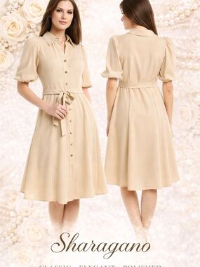 Sharagano Sand Shirt Dress Midi Belted Puff Sleeve Button Front NWT Sz 16